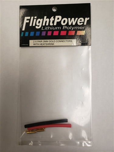 FlightPower FTA2MMGOLDPAIR 2 X Pair 2mm Gold Connectors w/ Heat Shrink NIB