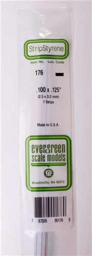 Evergreen Scale Models 176 Styrene Strip .100 x .125" (2.5 x 3.2mm) 7 strips NIB