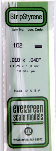 Evergreen Scale Models 102 Styrene Strip .010 x .040" (0.25 x 1.0 mm) 10 strips NIB