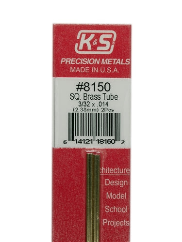 K&S Precision Metals #8150 Square Brass Tube 3/32" x 12" Carded Pkg of 2 NIB