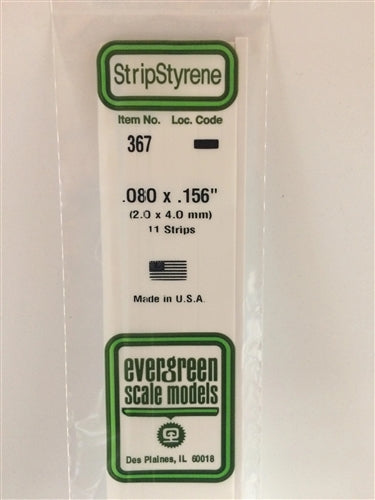 Evergreen Scale Models 367 Opaque White Styrene Strips .080" Thick 24" Long .156" Wide (2.0mm X 4.0mm X 60cm) 11 pieces NIB