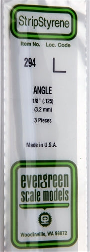 Evergreen Scale Models 294 Styrene Angle 1/8" (.125) (3.2mm) 3 Pieces NIB