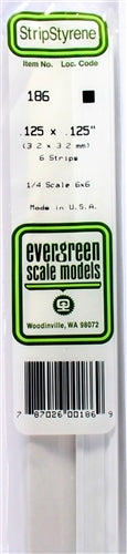 Evergreen Scale Models 186 Styrene Strip .125 X .125" (3.2 X 3.2mm) 6 strips NIB