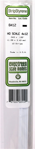 Evergreen Scale Models 8412 Styrene Strip 4x12 .043 x .135 " (1.09 x 3.43mm) 10 strips NIB