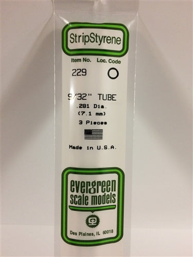 Evergreen Scale Models 229 Styrene Tube .281" (.71cm) Diameter Pkg of 3 NIB